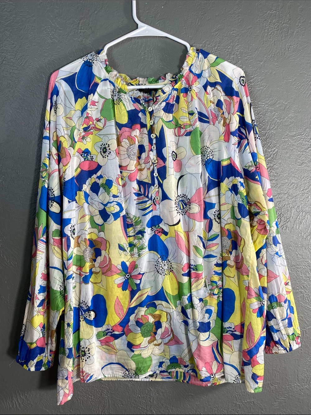 Talbots Blouse Womens XL 100% Cotton Floral Popover Tunic Ruffle Neck Colorful